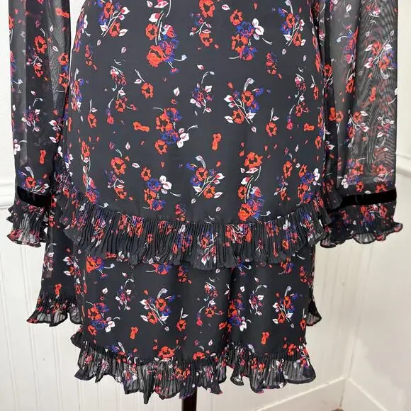 Lulus S Mini Dress Black Long Sleeve Floral Chiffon Ruffle Pleat Sheer Cottage - Picture 9 of 14